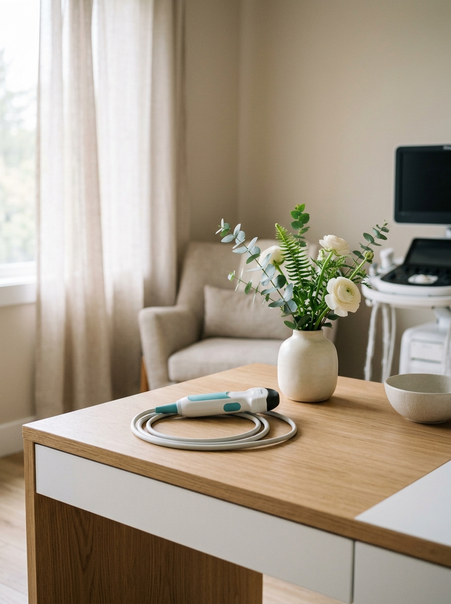 Ultrasound probe and serene medical consultation desk at Agate Radiology Clinic